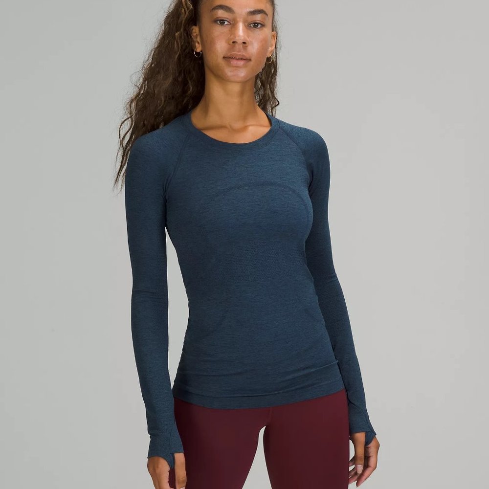 Lululemon Swiftly Tech Long Sleeve Shirt in green/gray/blue color